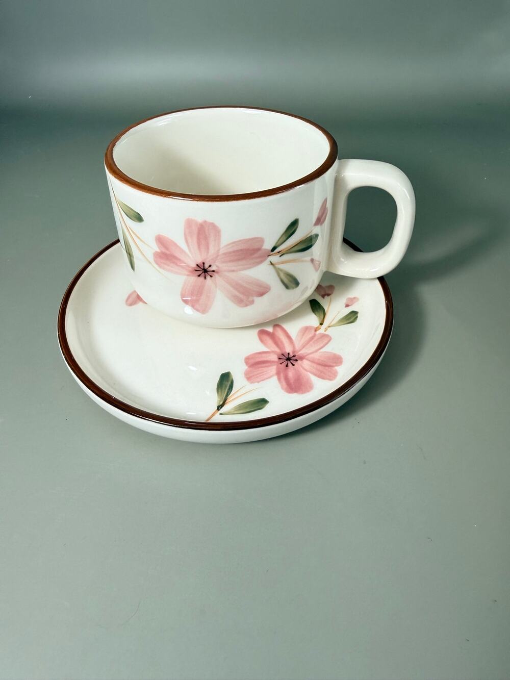 Vintage ceramic teacup and saucer set featuring a hand-painted pink flowers.